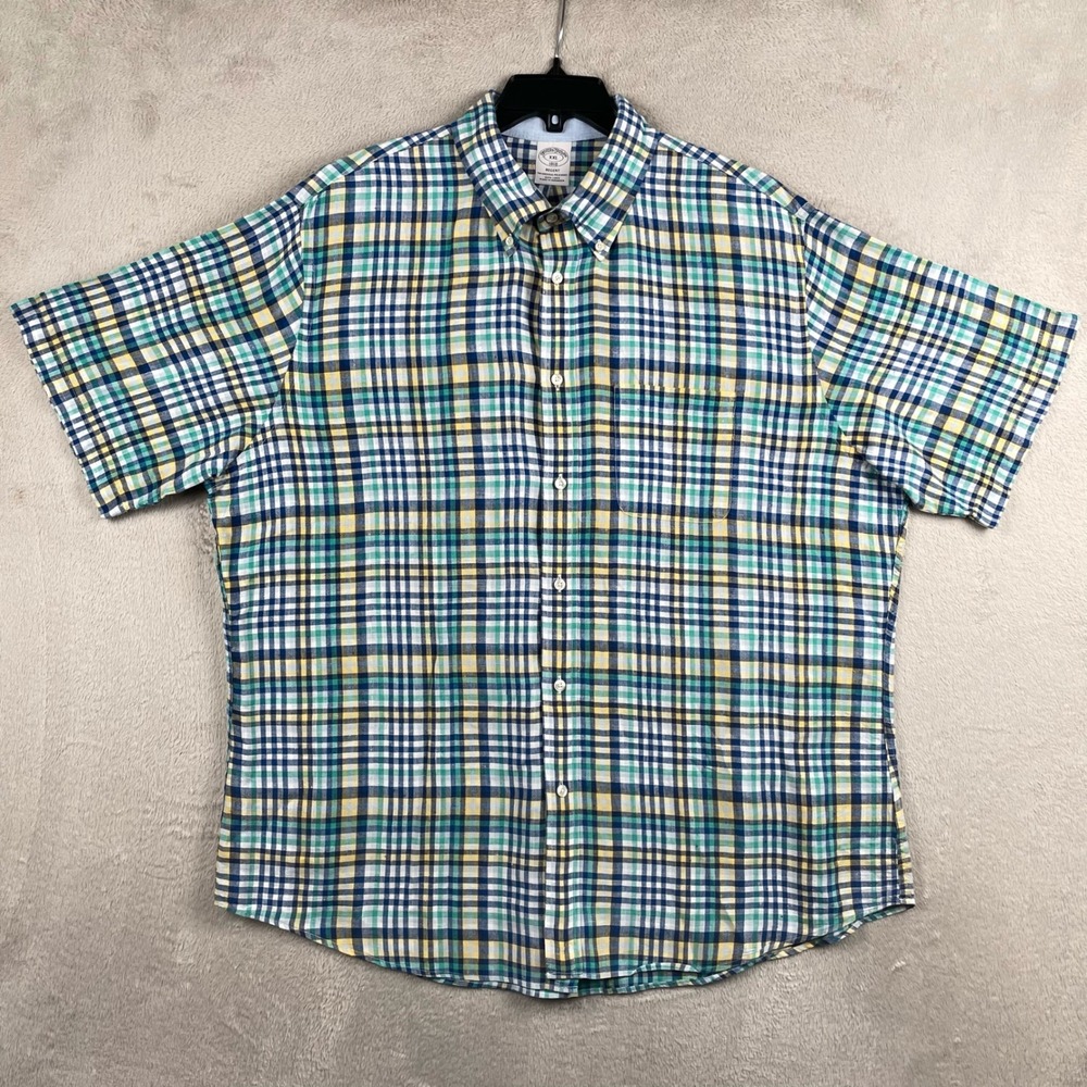 Brooks Brothers Shirt Mens 2XL Blue Plaid 100% Linen Short Sleeve Button Up - Picture 2 of 6